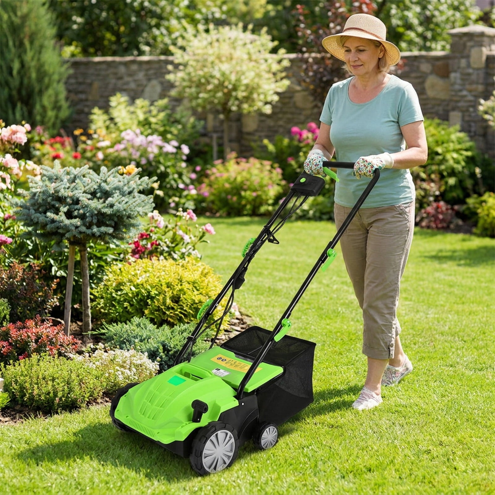 Biotree 13 Inch 12 Amp Electric Scarifier with Collection Bag and Removable Blades for Lawn Garden Yard Soil Care, Green