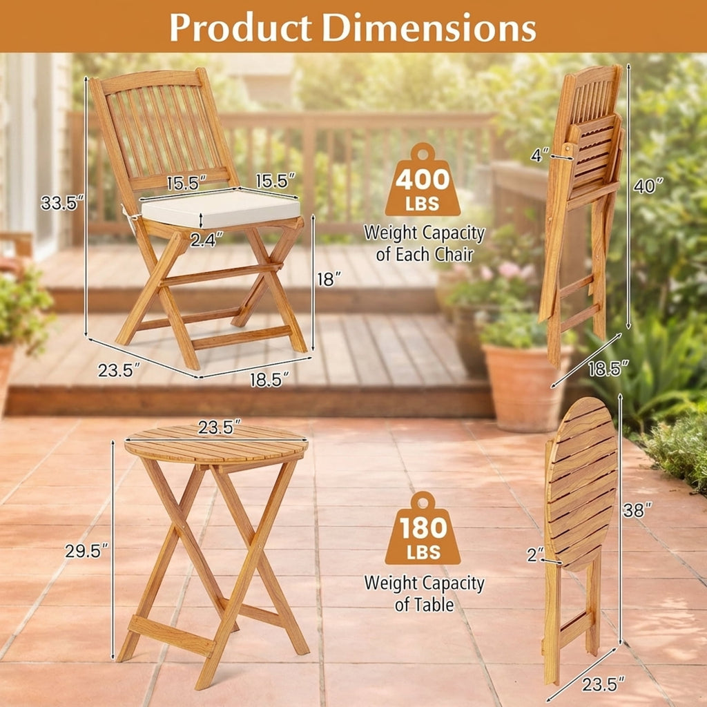 Biotree 3-Piece Acacia Wood Folding Bistro Set with Cushions-Beige