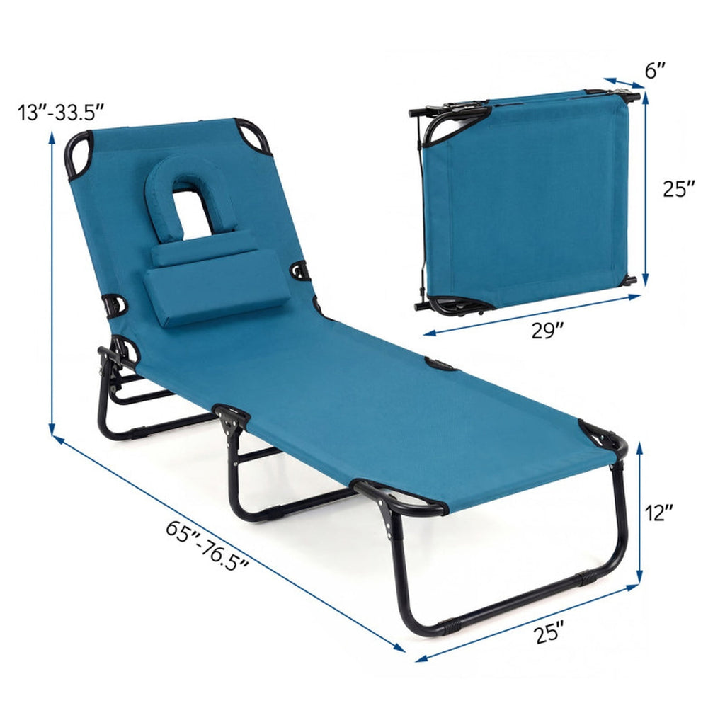 Biotree Beach Chaise Lounge Chair with Face Hole and Removable Pillow Stackable Patio Chair for Garden BackyardBlue