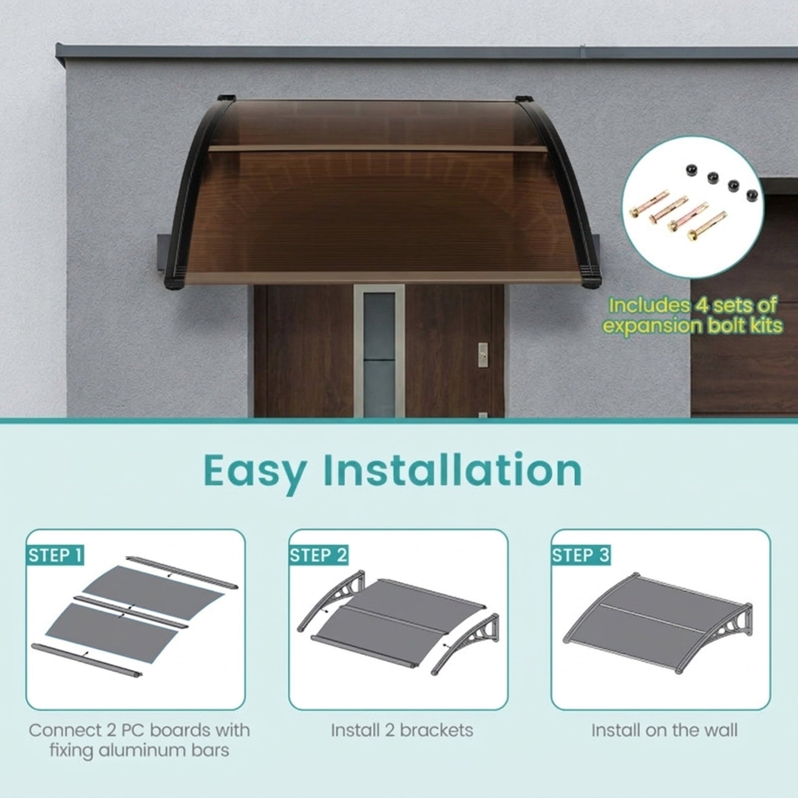 Biotree Outdoor Front Door Patio Overhang Awning for Sunlight Rain Snow Wind Protection-40 x 40 Inch for Patio Deck Door Window Sun Rain Protection, Coffee