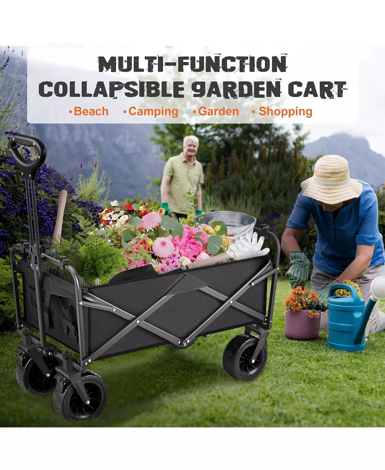Biotree 560lbs Collapsible Folding Wagon, Heavy Duty Utility Beach Cart with 8" Wheels , Large Capacity for Camping, Beach, Shopping, Outdoor, Black