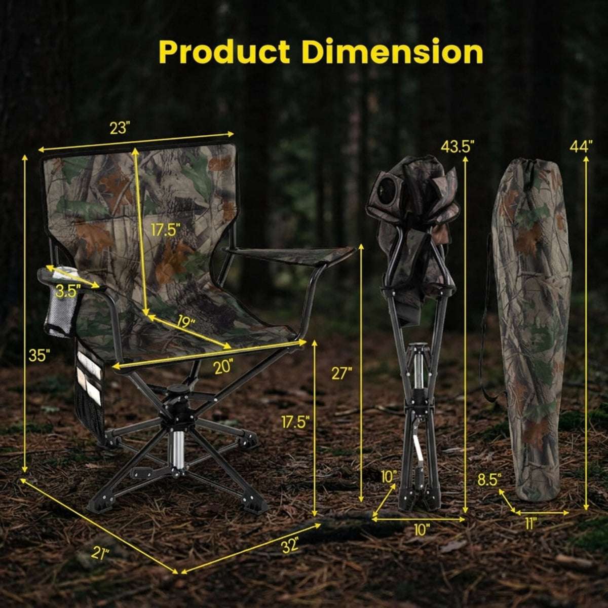 Biotree 360 Degree Swivel Hunting Chair, Portable Folding Camping Chair with Cup Holder, Storage Pockets and Carry Bag, 300 Lbs Capacity, Green