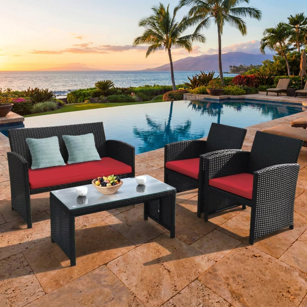 Biotree 4 Pieces Rattan Patio Furniture Set with Weather Resistant Cushions and Tempered Glass Tabletop