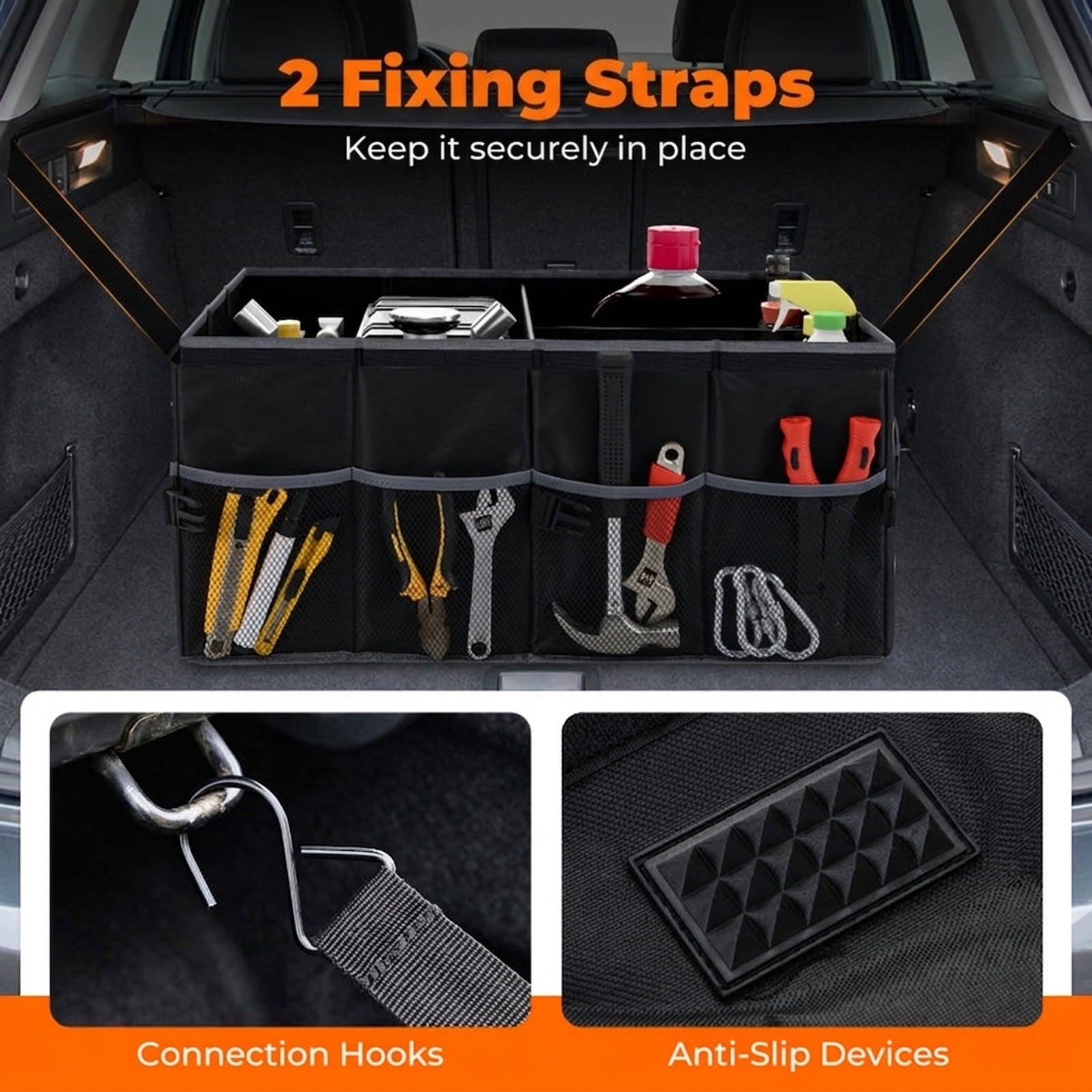 Biotree 13 Gallon Car Trunk Organizer Removable Divider 6 Pockets Foldable - Black