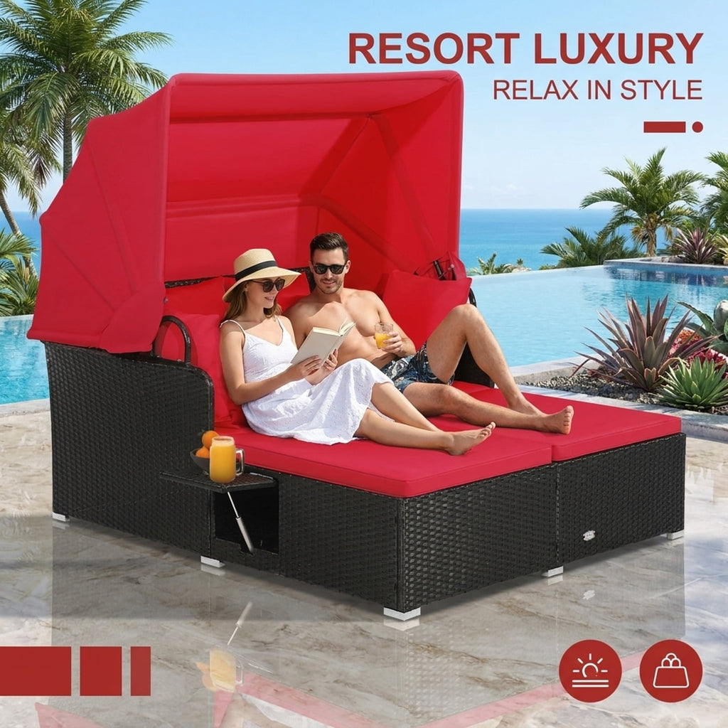Biotree Patio Rattan Daybed with Retractable Canopy and Side Tables Outdoor Conversation Set for Garden Backyard PorchRed