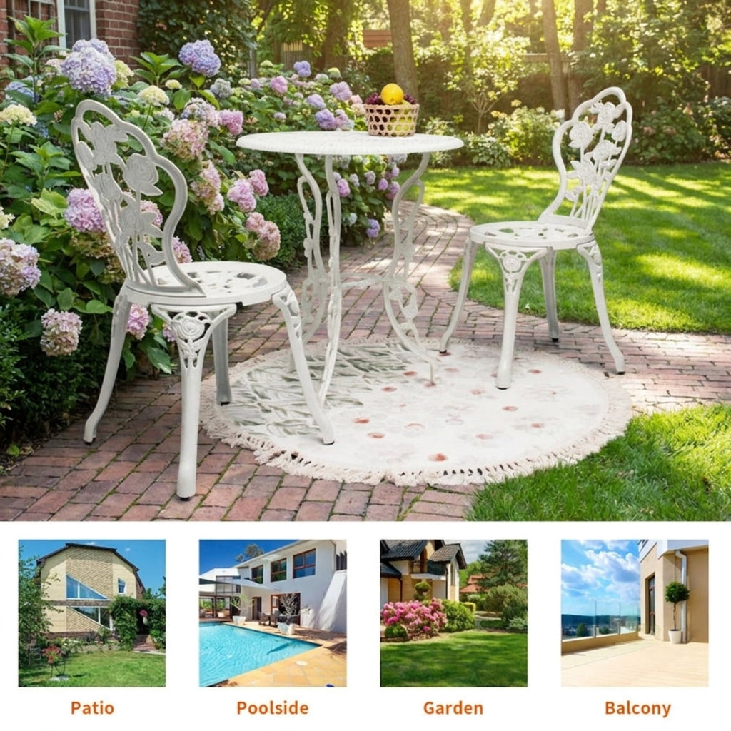 Biotree Outdoor Cast Aluminum Patio Furniture Set with Rose Design Outdoor Conversation Set for Garden Backyard PorchWhite