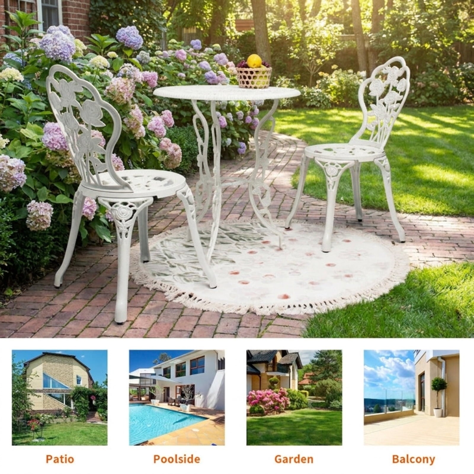 Biotree Outdoor Cast Aluminum Patio Furniture Set with Rose Design Outdoor Conversation Set for Garden Backyard PorchWhite