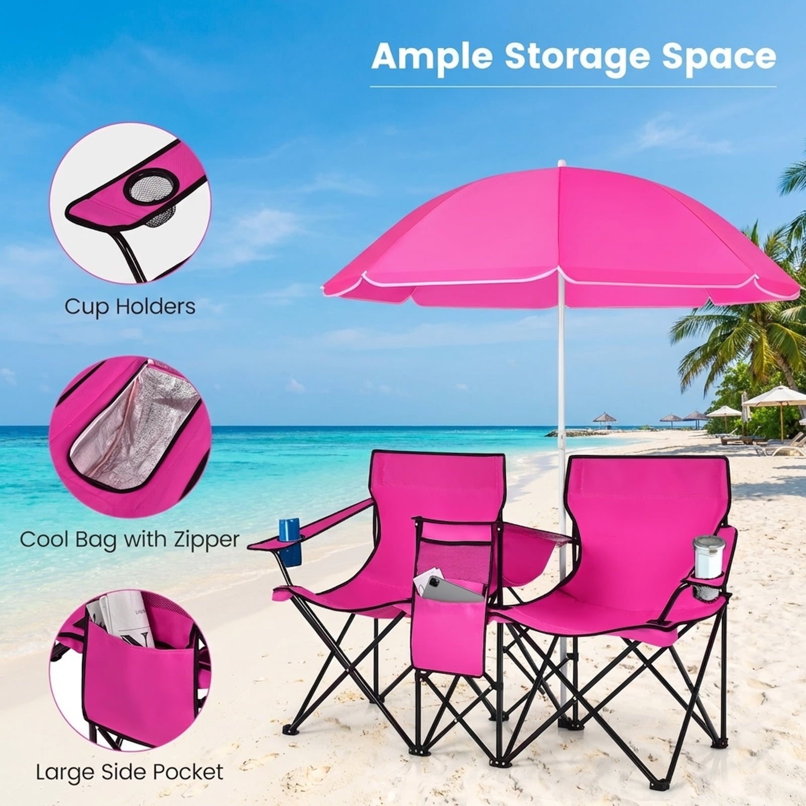 Biotree Double Camping Chair with Removable Umbrella Portable Folding Loveseat with Cooler Bag and Cup Holders for Beach Picnic, Pink