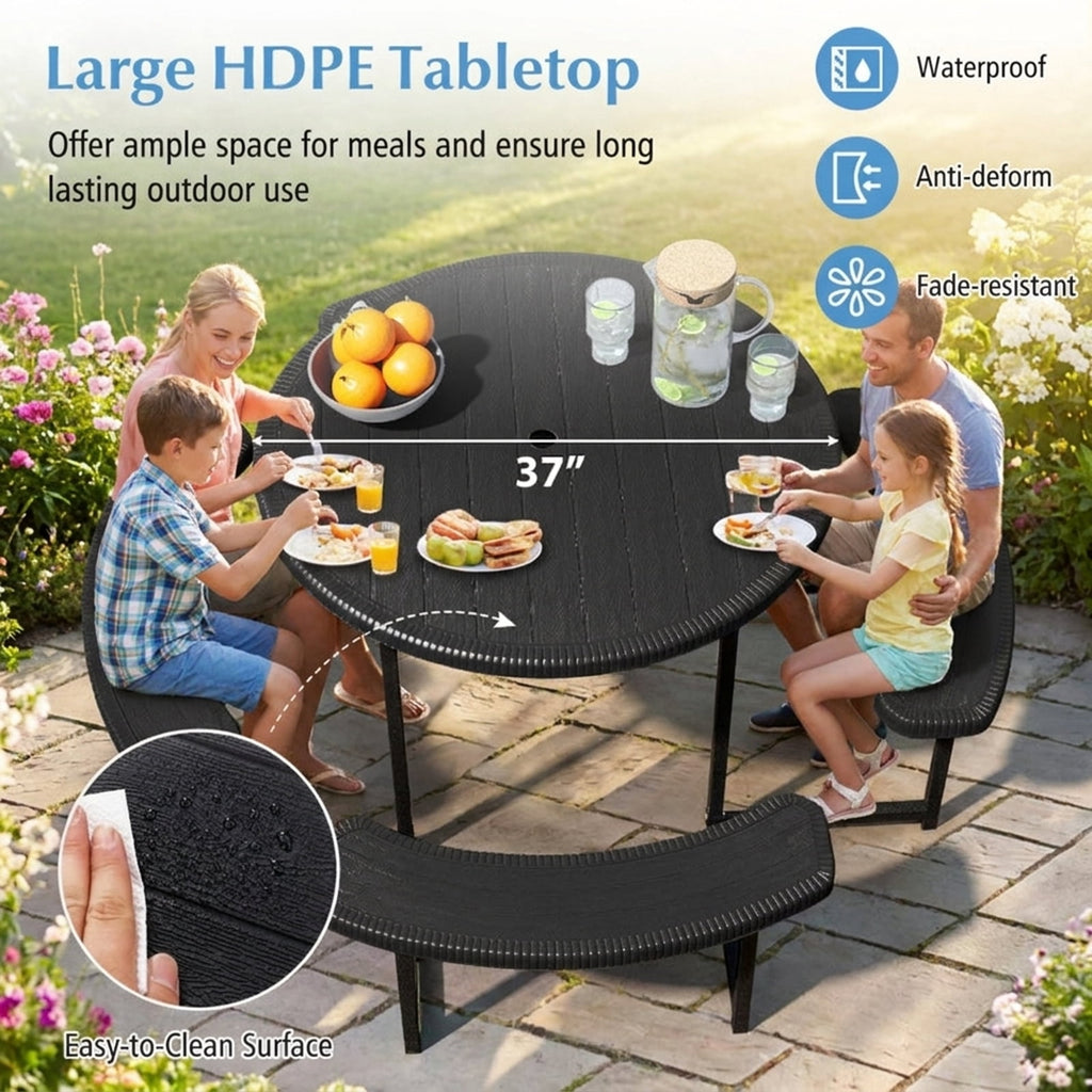 Biotree 62-Inch Round Picnic Table Bench Set with 4 Benches and Umbrella Hole for Patio Lawn, Black