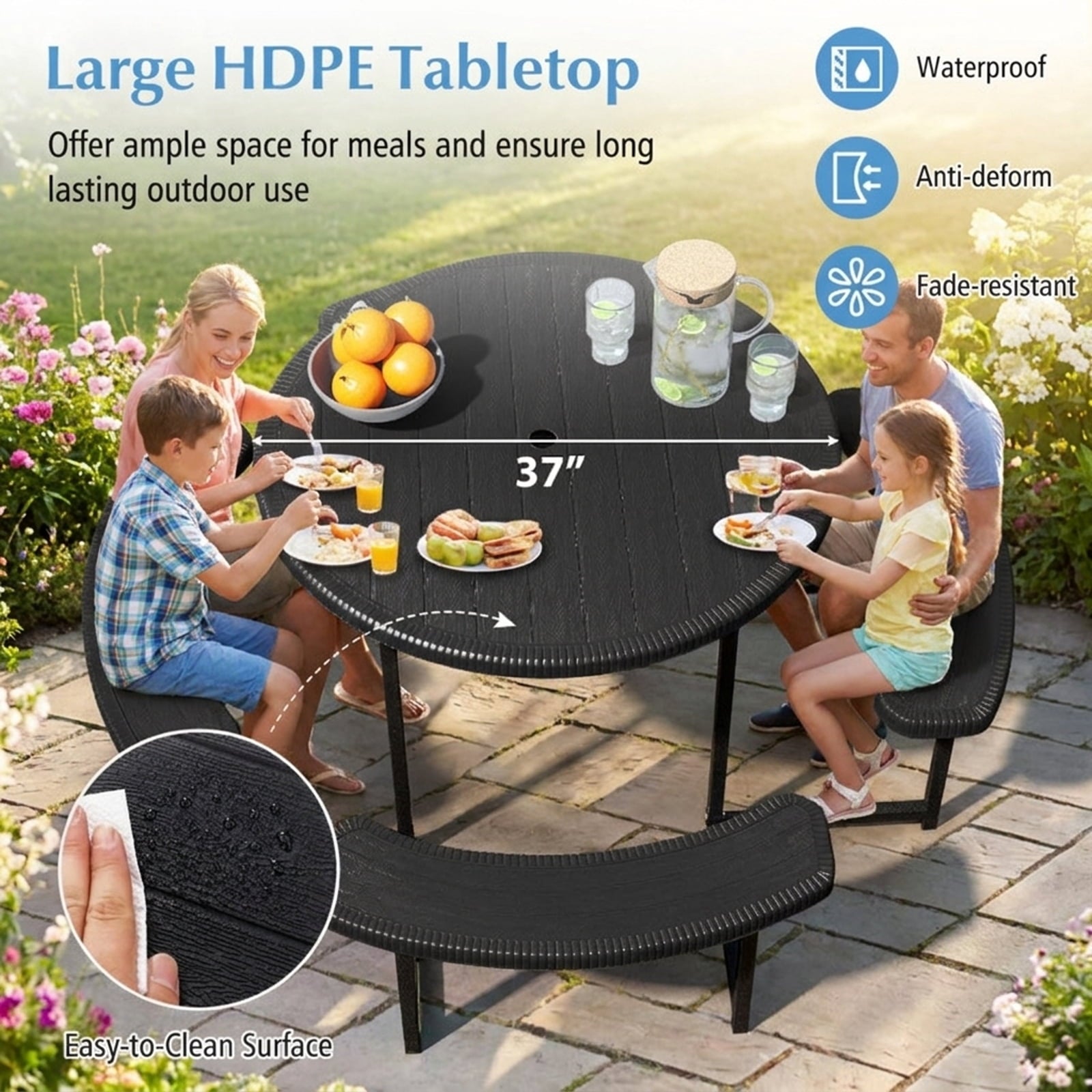 Biotree 62-Inch Round Picnic Table Bench Set with 4 Benches and Umbrella Hole for Patio Lawn, Black