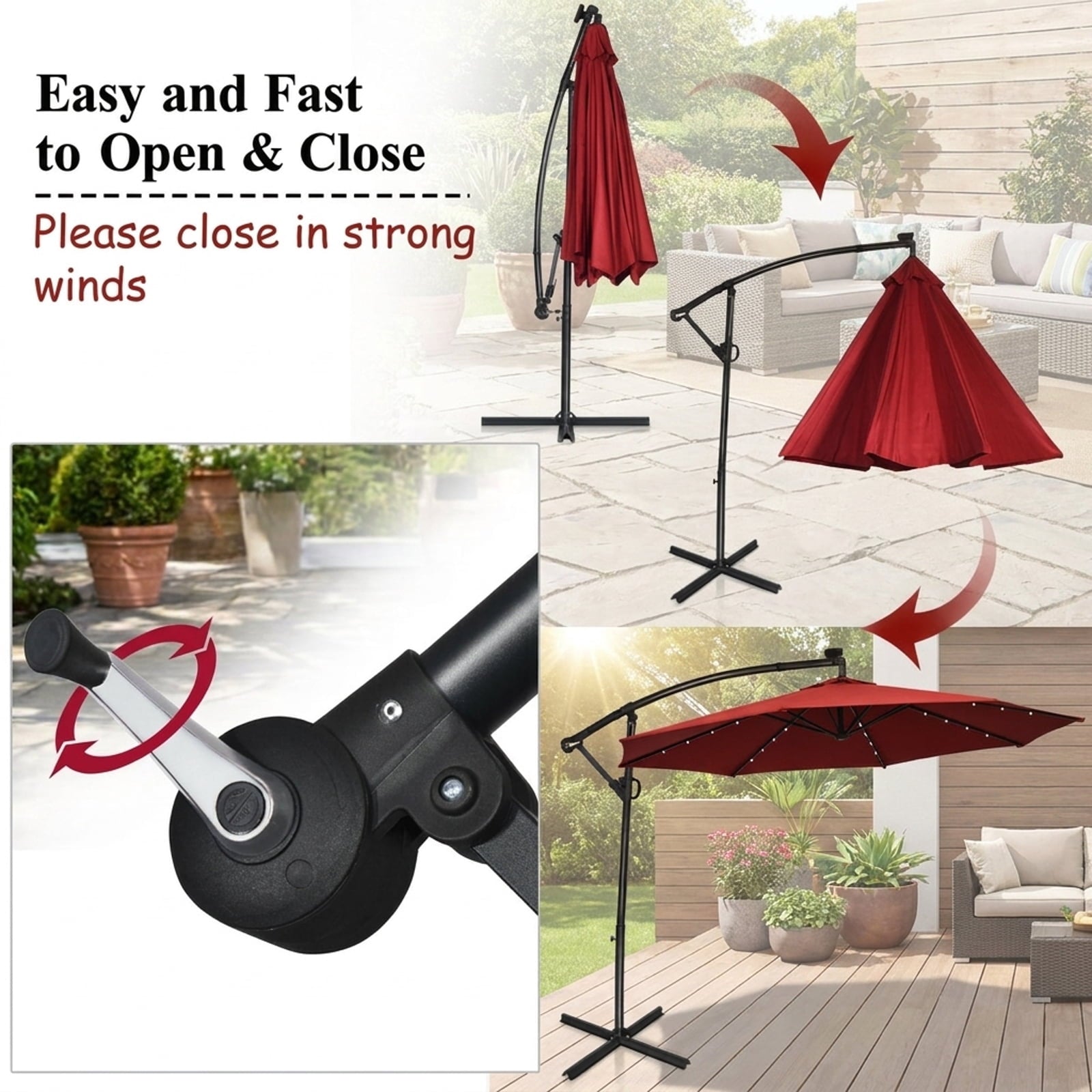 Biotree 10 ft Solar Offset Hanging Umbrella with 40 LED Lights Cross Base Included 180G Polyester Canopy for Patio Outdoor - Beige