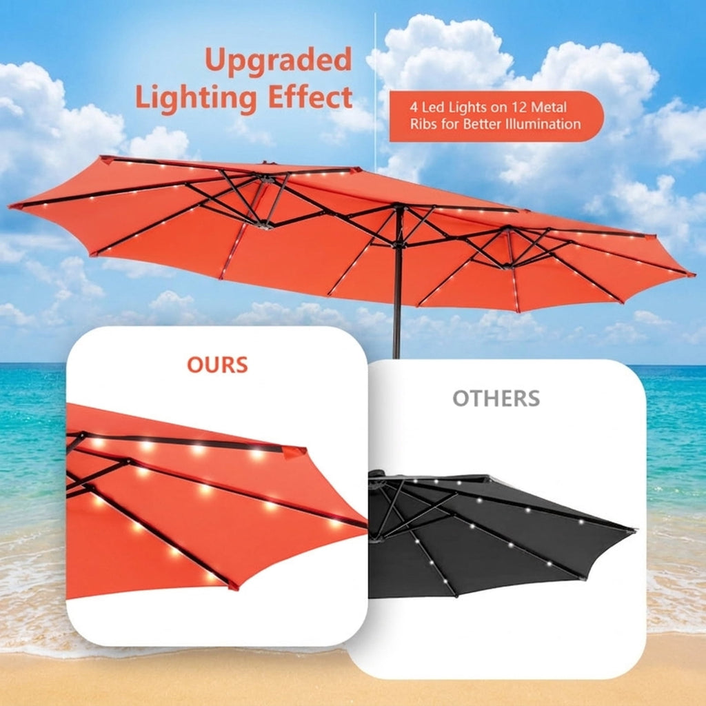 Biotree 15 ft Double-Sided Twin Patio Umbrella 48 LED Lights Outdoor Shade - Orange - UV Protection with Cross Base