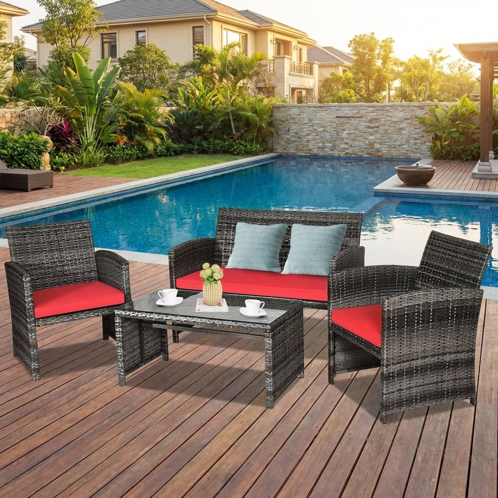 Biotree 4-Piece Patio Rattan Furniture Set with Cushions-Red