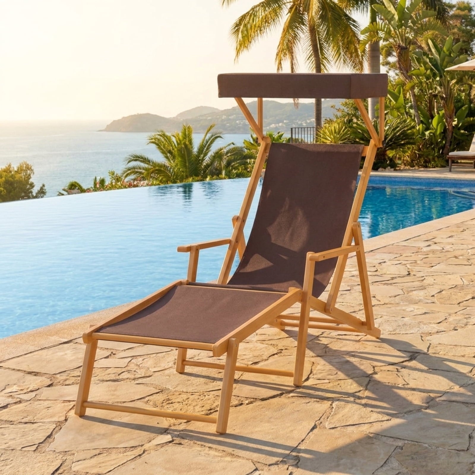 Biotree Birch Wood Chaise Lounge Chair Foldable Beach Chair with Adjustable Canopy Stackable Patio Chair for Garden BackyardBrown