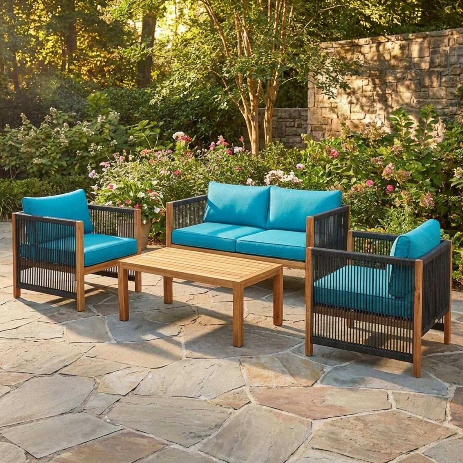 Biotree 4 Pieces Acacia Wood Outdoor Patio Furniture Set with Cushions Outdoor Conversation Set for Garden Backyard PorchTurquoise