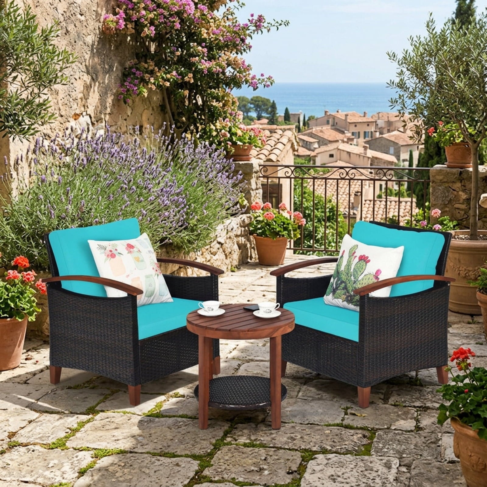 Biotree 3 Pieces Patio Rattan Furniture Set with Washable Cushion and Acacia Wood TabletopTurquoise