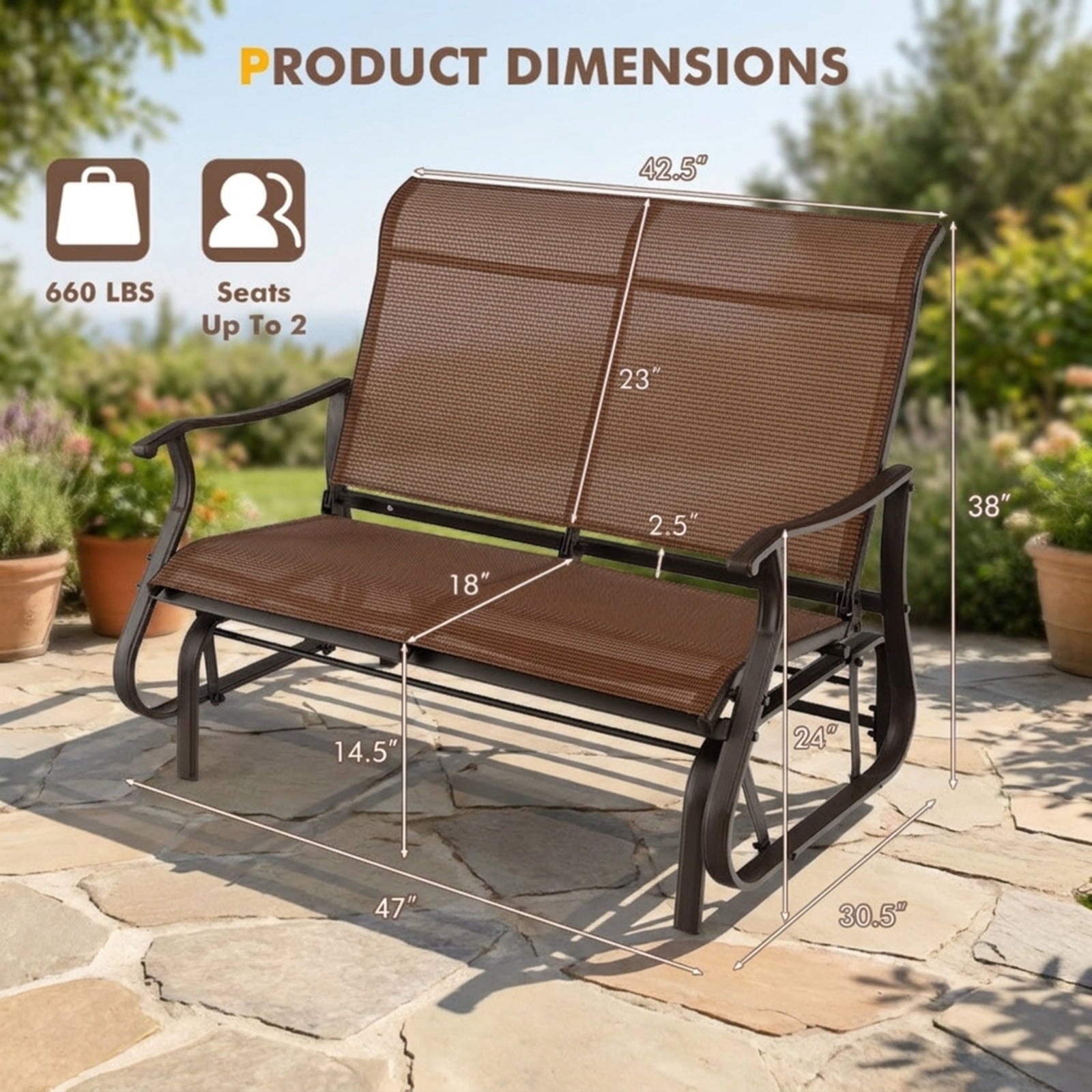 Biotree 2-Person Patio Glider Bench with High Back and Curved Armrests Stackable Patio Chair for Garden BackyardBrown