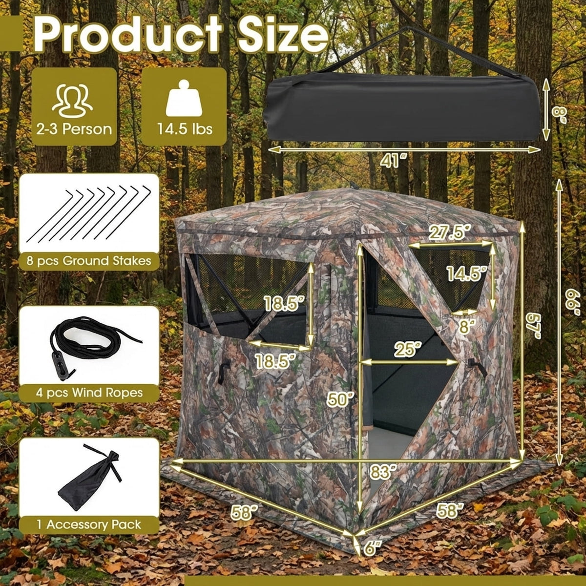 Biotree 2-3 Person Pop Up Ground Hunting Blind and Carrying Bag for Deer Turkey Hunting