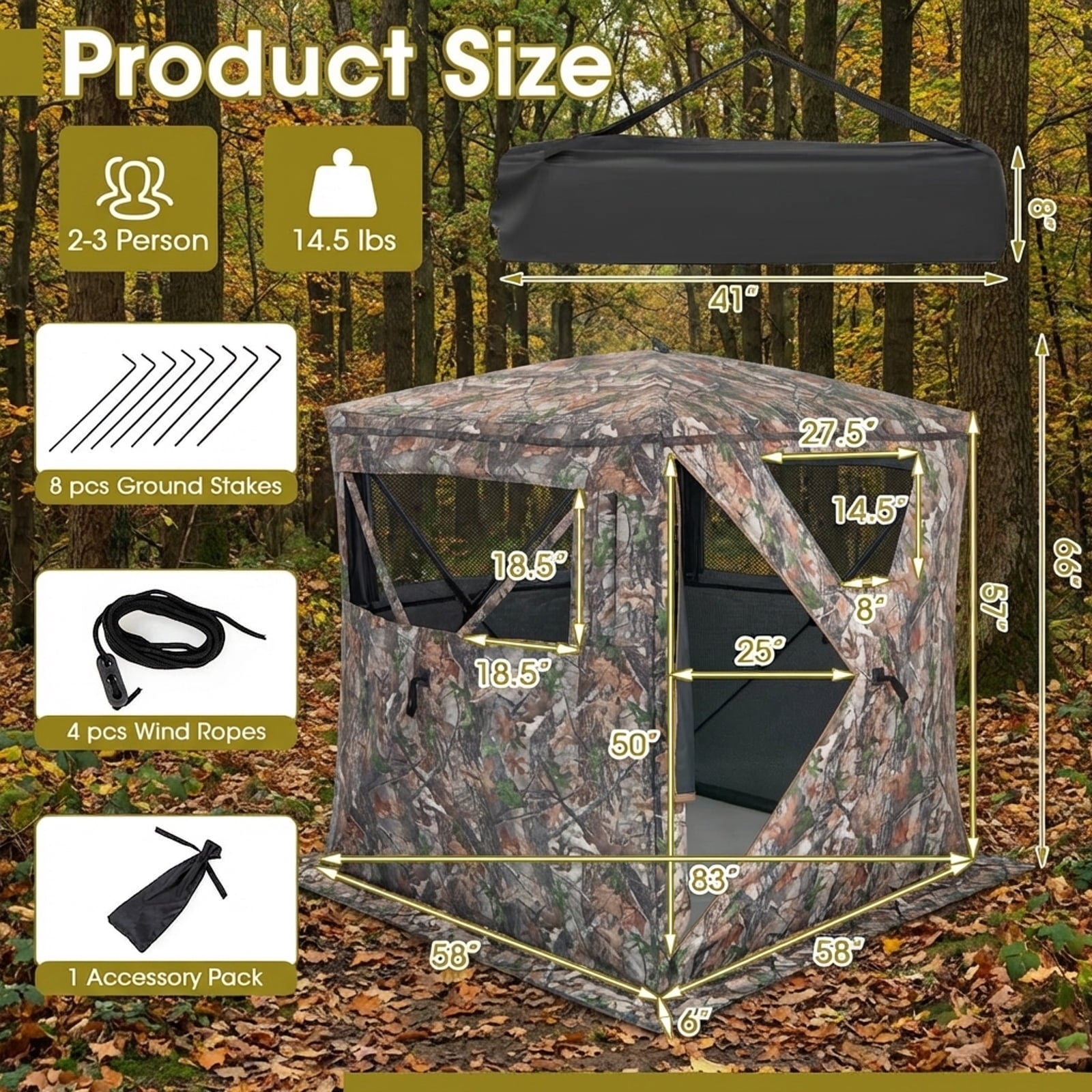 Biotree 2-3 Person Pop Up Ground Hunting Blind and Carrying Bag for Deer Turkey Hunting