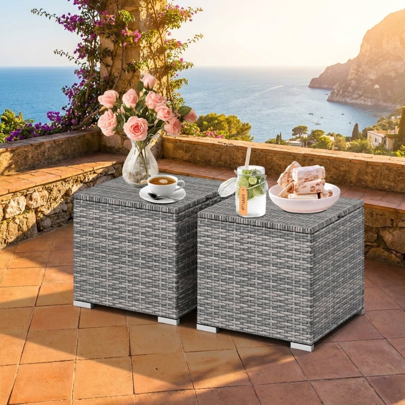 Biotree 2 Pieces Patio Ottoman with Hidden Storage Space-Mix Grey Stackable Patio Chair for Garden Backyardblack