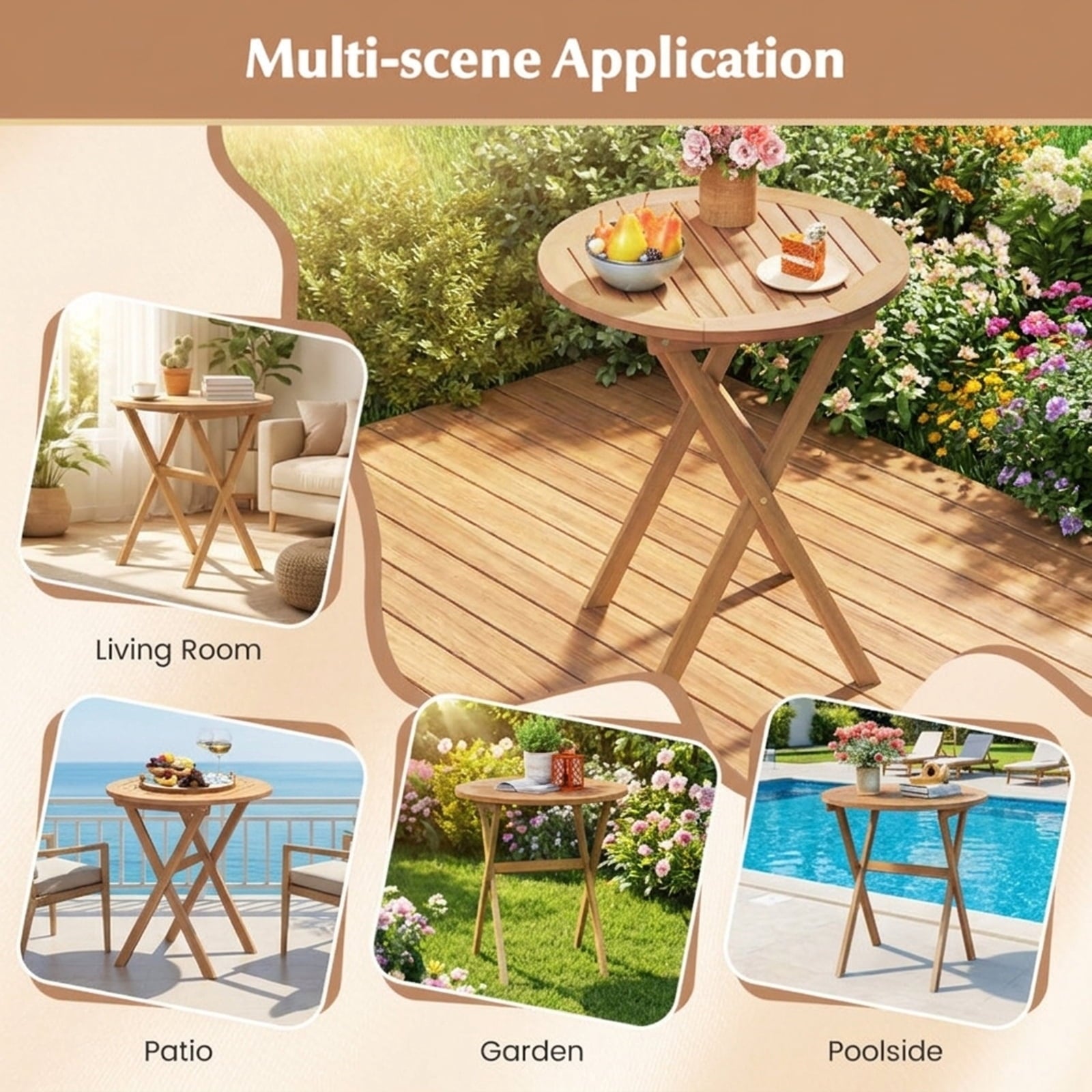 Biotree Outdoor Side Table with Slatted Tabletop and X-Shaped Structure, Natural