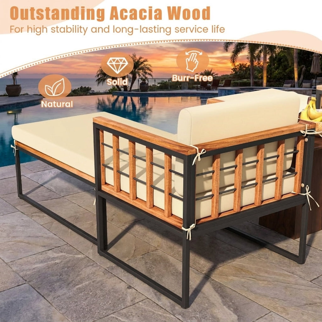 Biotree Patio Acacia Wood Armchair with Long Ottoman and Seat Back Cushions Stackable Patio Chair for Garden BackyardBrown