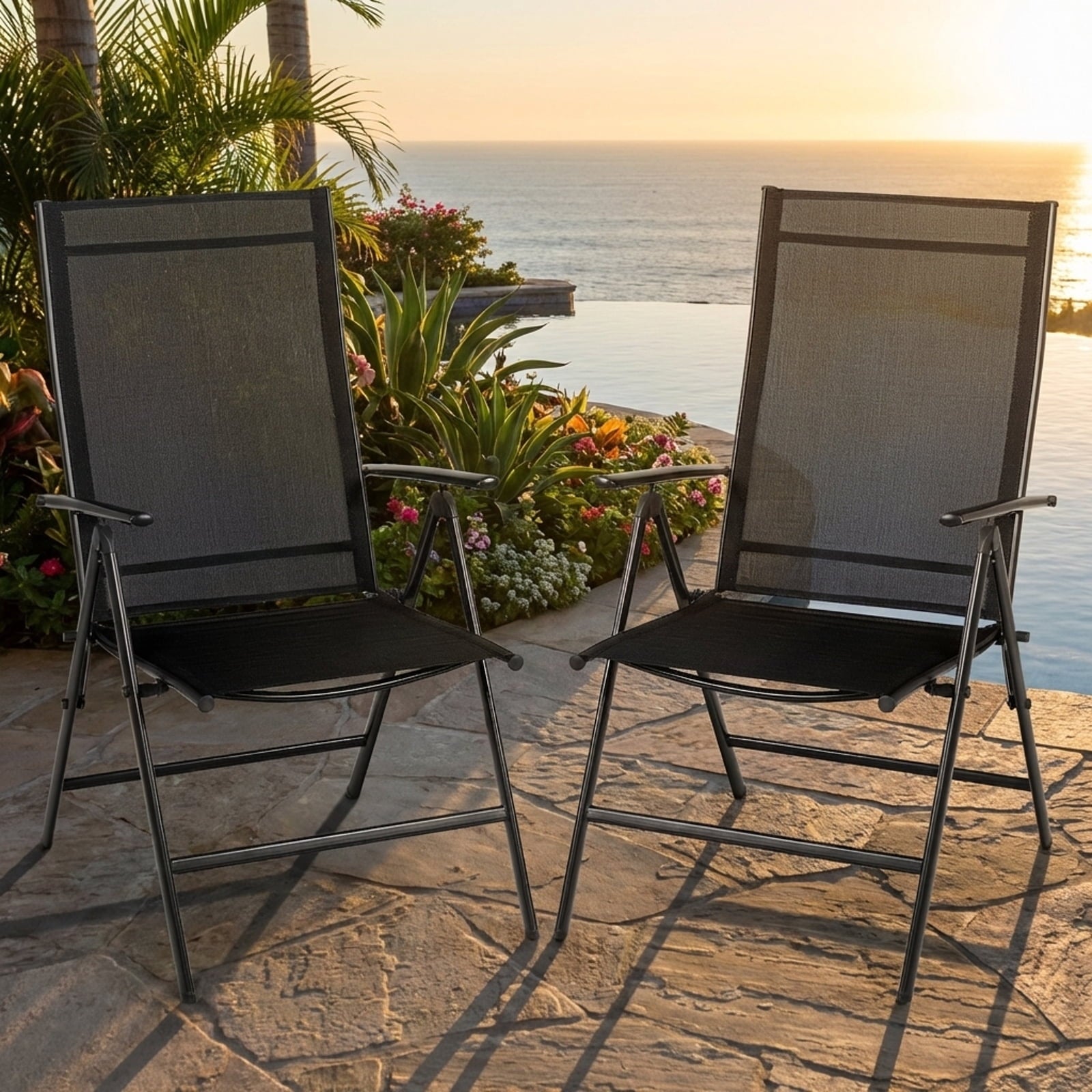 Biotree 2-Pack Adjustable Folding Patio Recliner Chairs-Black