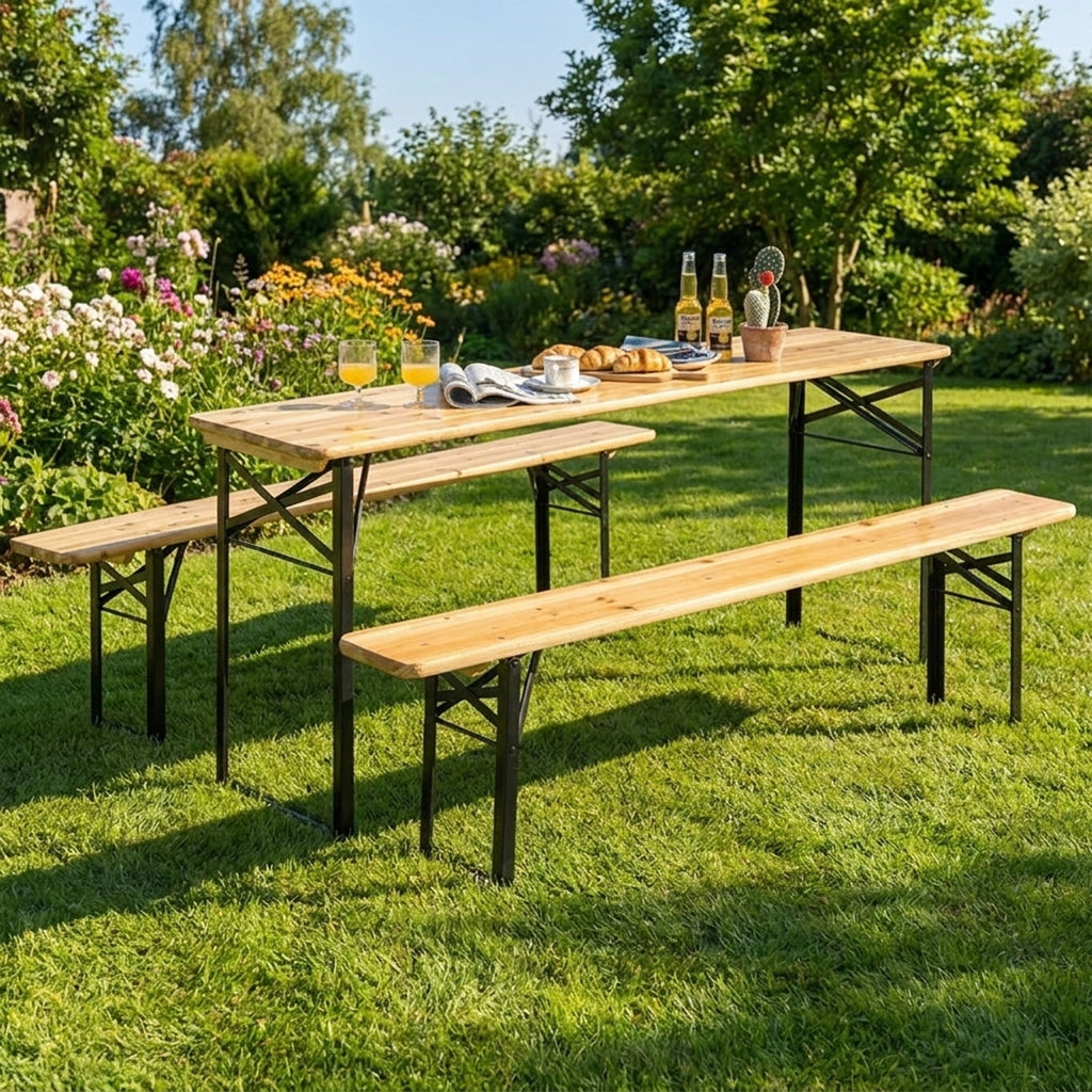 Biotree 70-Inch 3 Pieces Folding Wooden Picnic Table Bench Set, Natural Black