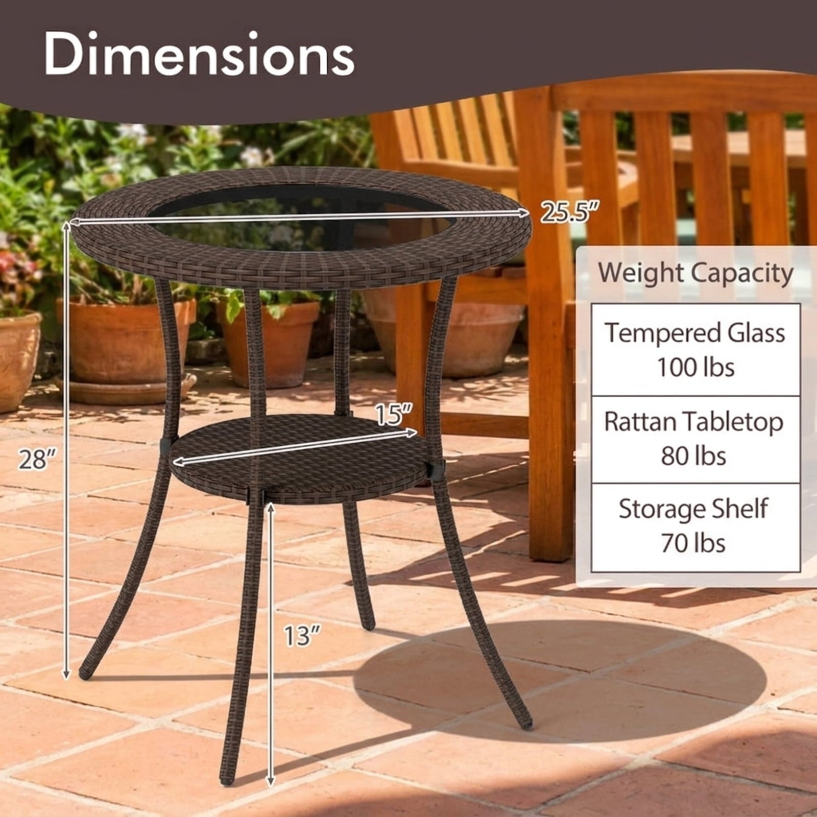 Biotree 25.5-Inch PE Wicker Patio Bistro Table Round with Tempered Glass Top and Shelf, Black