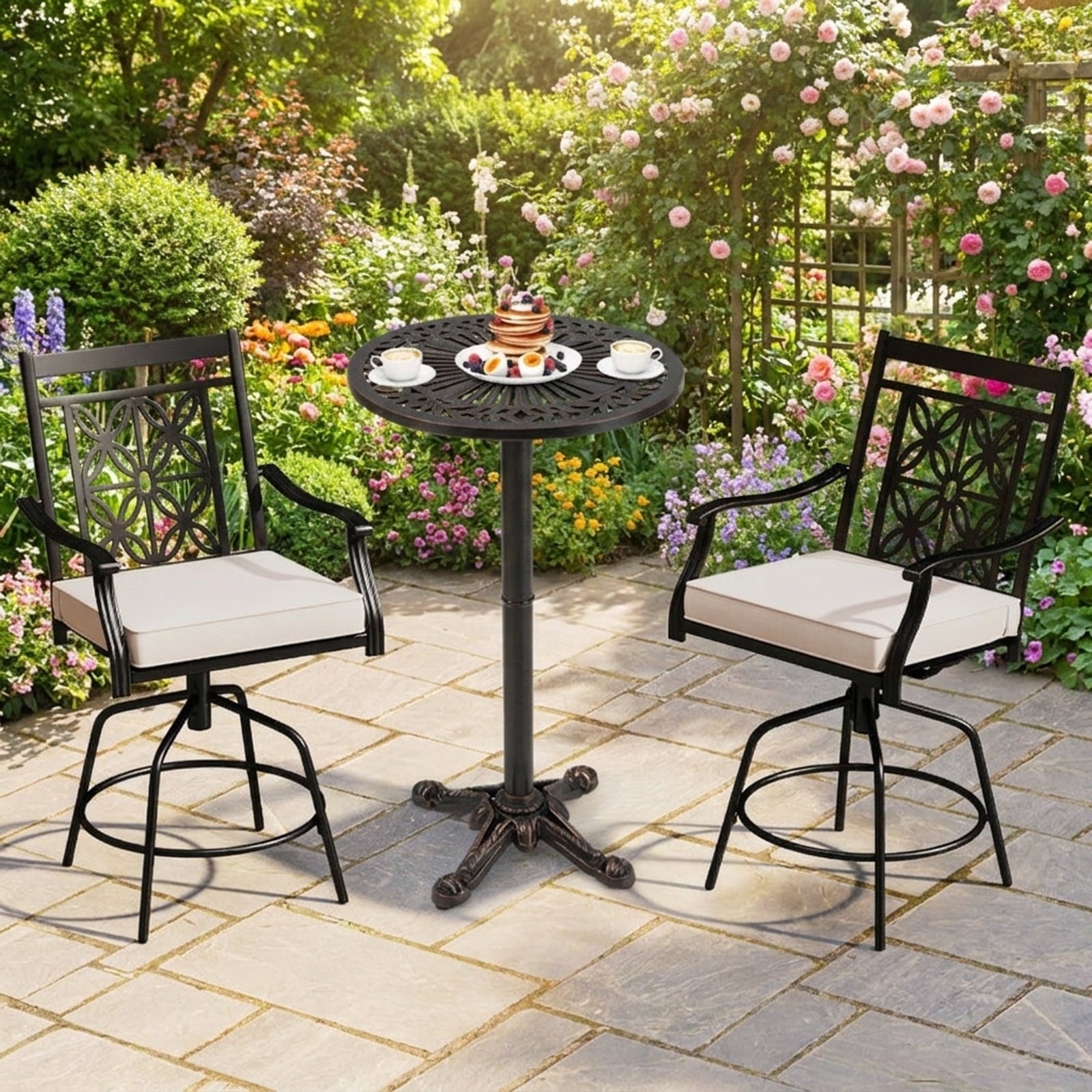 Biotree 41.5 Inch Patio Round Bar Table Cast Aluminum Bistro Table for Garden, Walnut