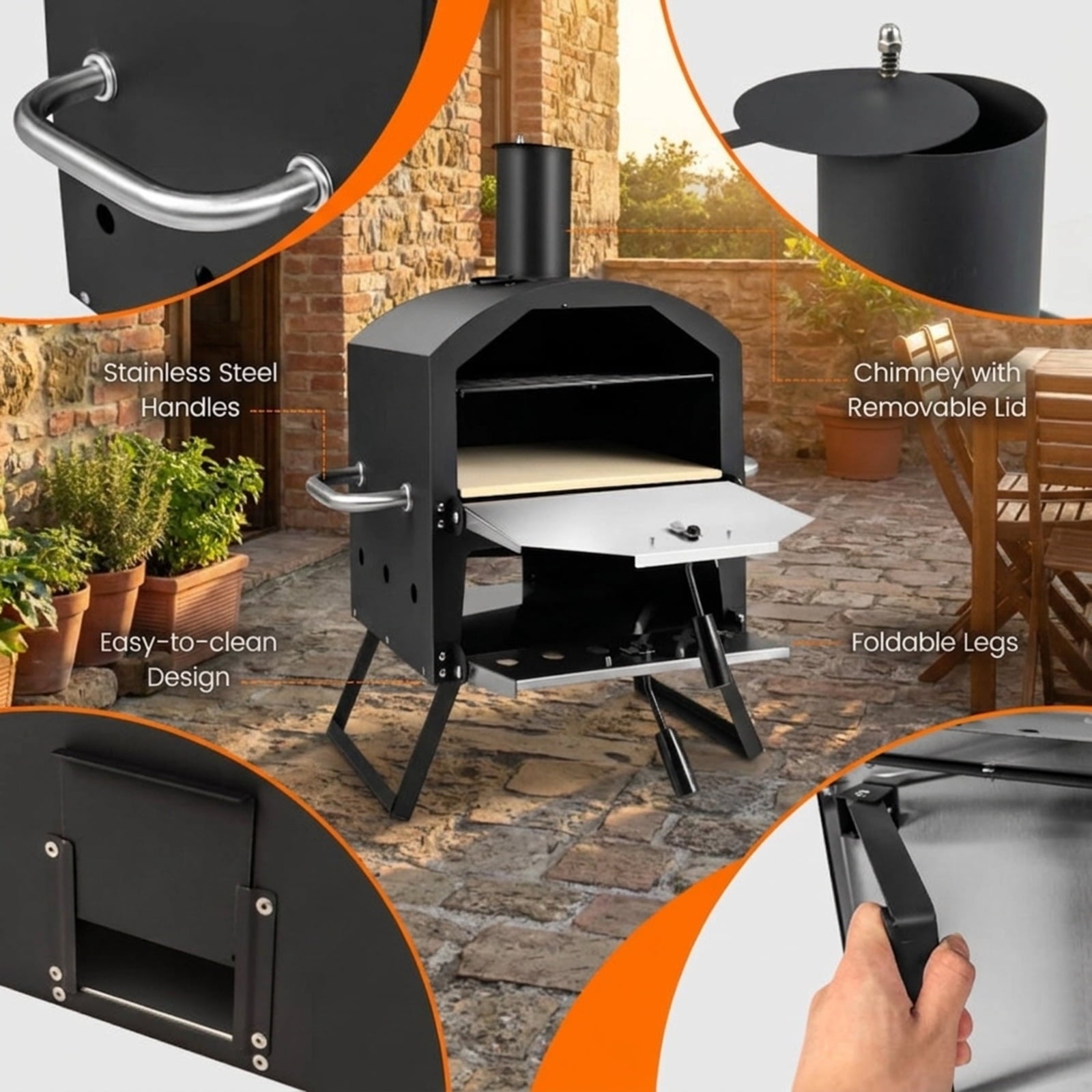 Biotree Outdoor Pizza Oven with Anti-scalding Handles and Foldable Legs for Outdoor Backyard Camping Patio BBQ, Black