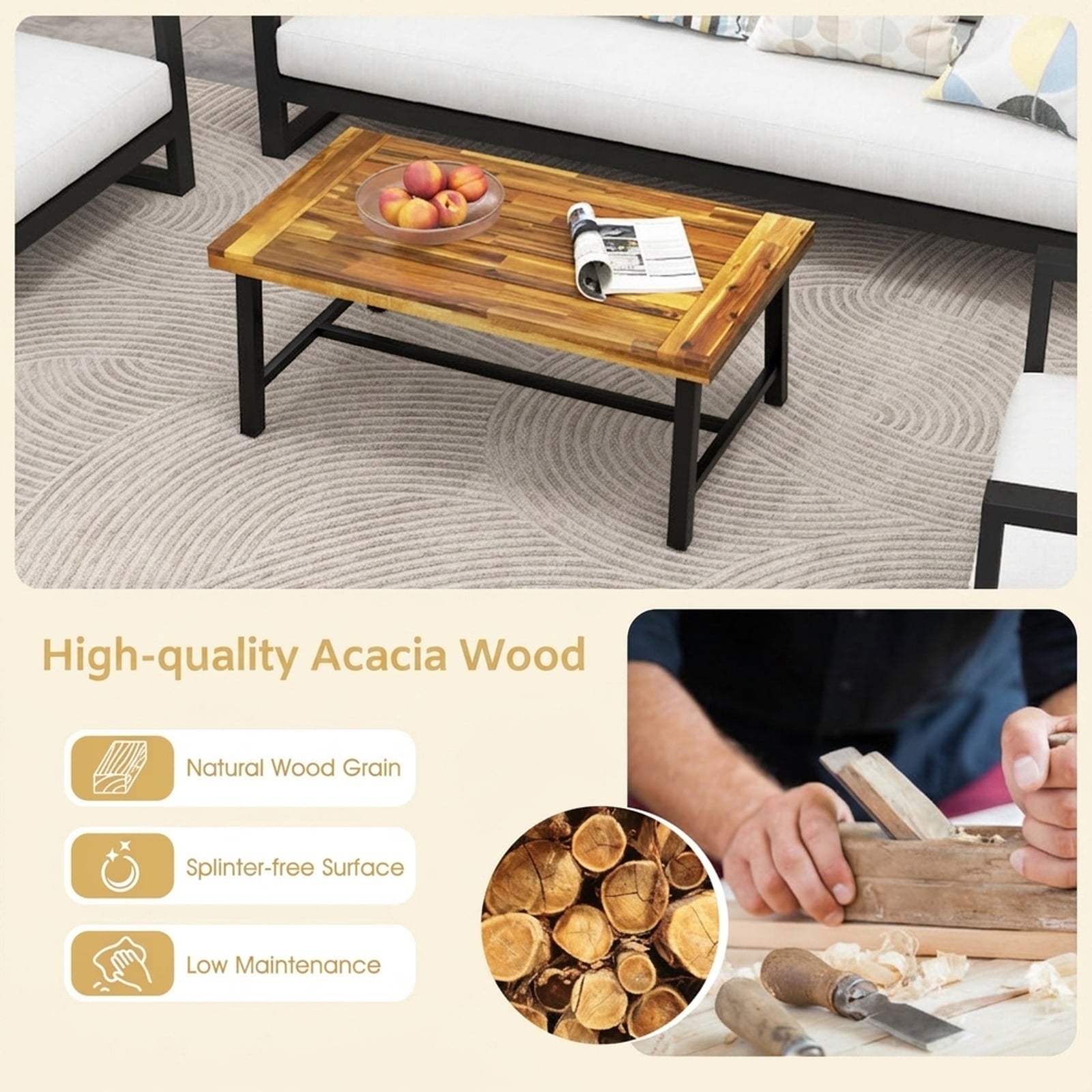 Biotree Acacia Wood Coffee Table with Thickened Top and Heavy-duty Metal Legs, Black