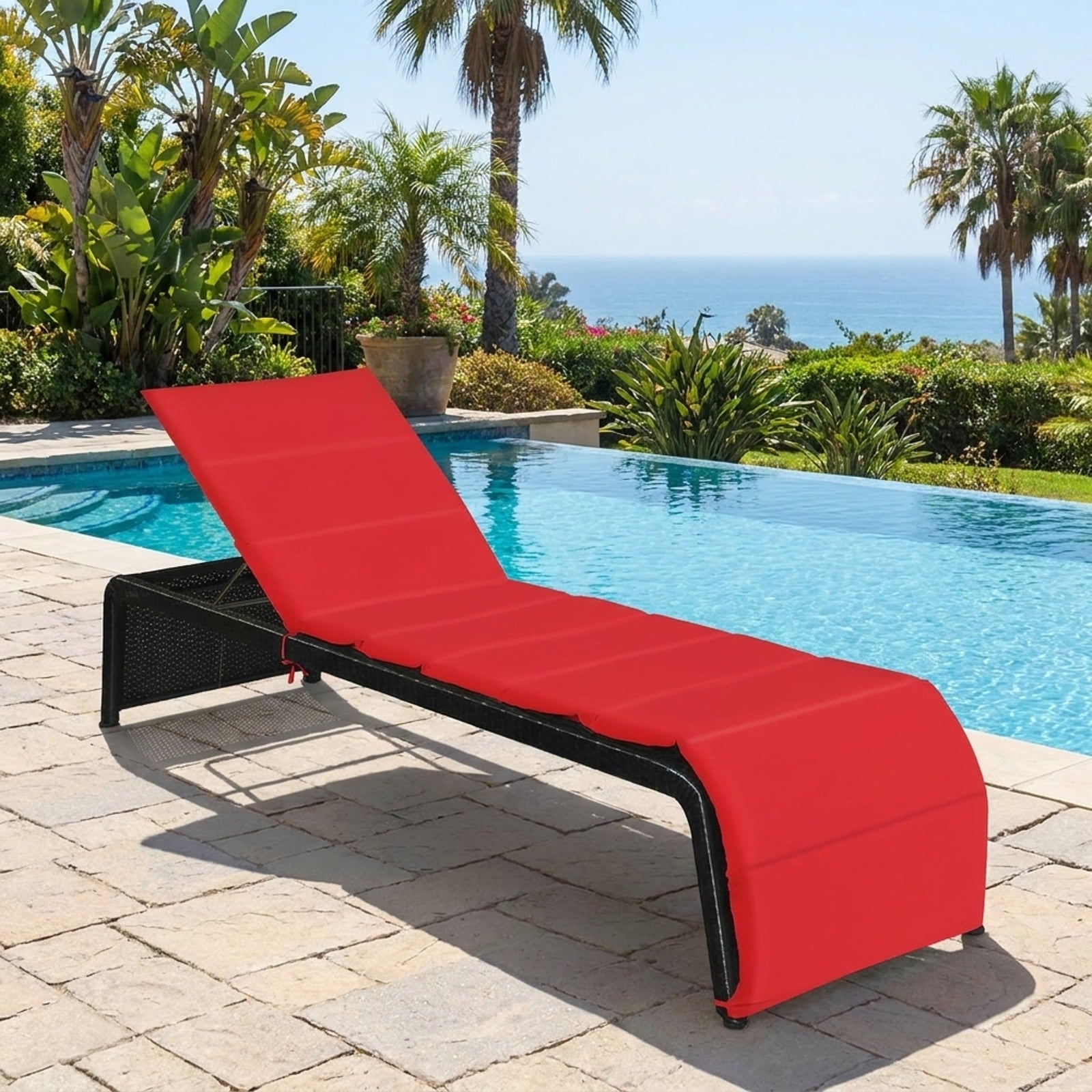 Biotree Patio Rattan Lounge Chair Back Adjustable Chaise Recliner with Cushioned Stackable Patio Chair for Garden BackyardRed