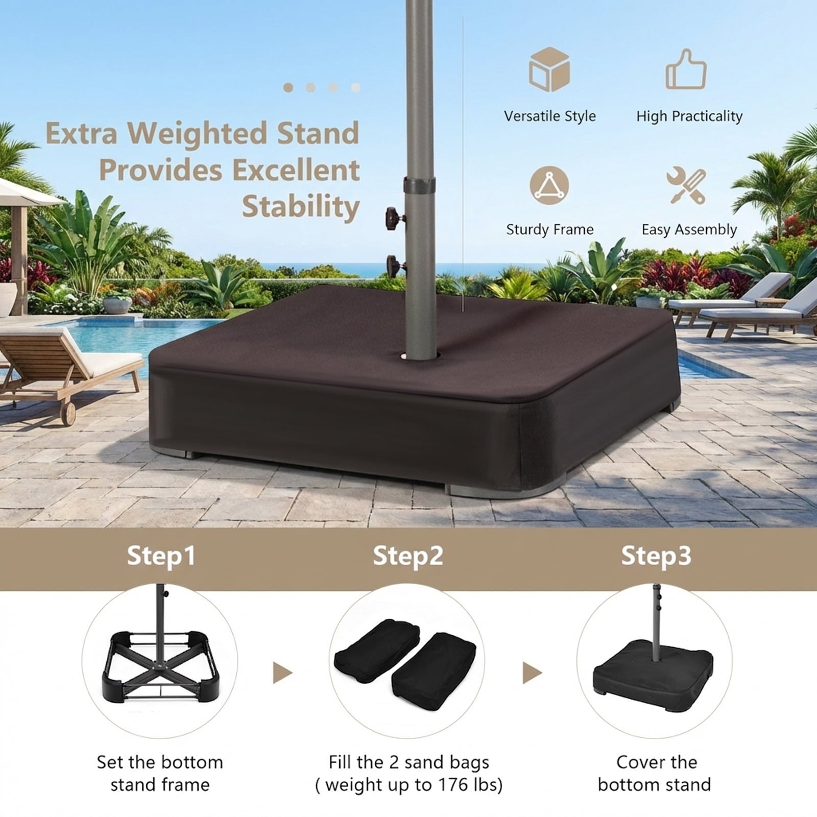 Biotree 15 Feet Double-Sided Patio Umbrella with 48 LED Lights-Beige Outdoor Backyard Deck Garden Pool