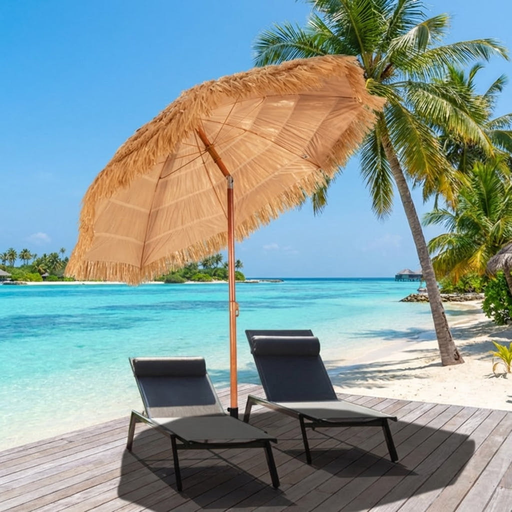 Biotree 6.5 Feet Portable Thatched Tiki Beach Umbrella with Adjustable Tilt Khaki - Portable Sun Shade for Beach Pool Backyard