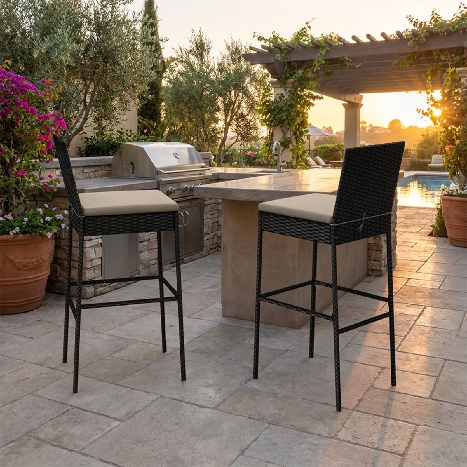 Biotree Patio Wicker Barstools with Footrest and Backrest Set of 4 for Patio Porch Garden Backyard Outdoor, Black