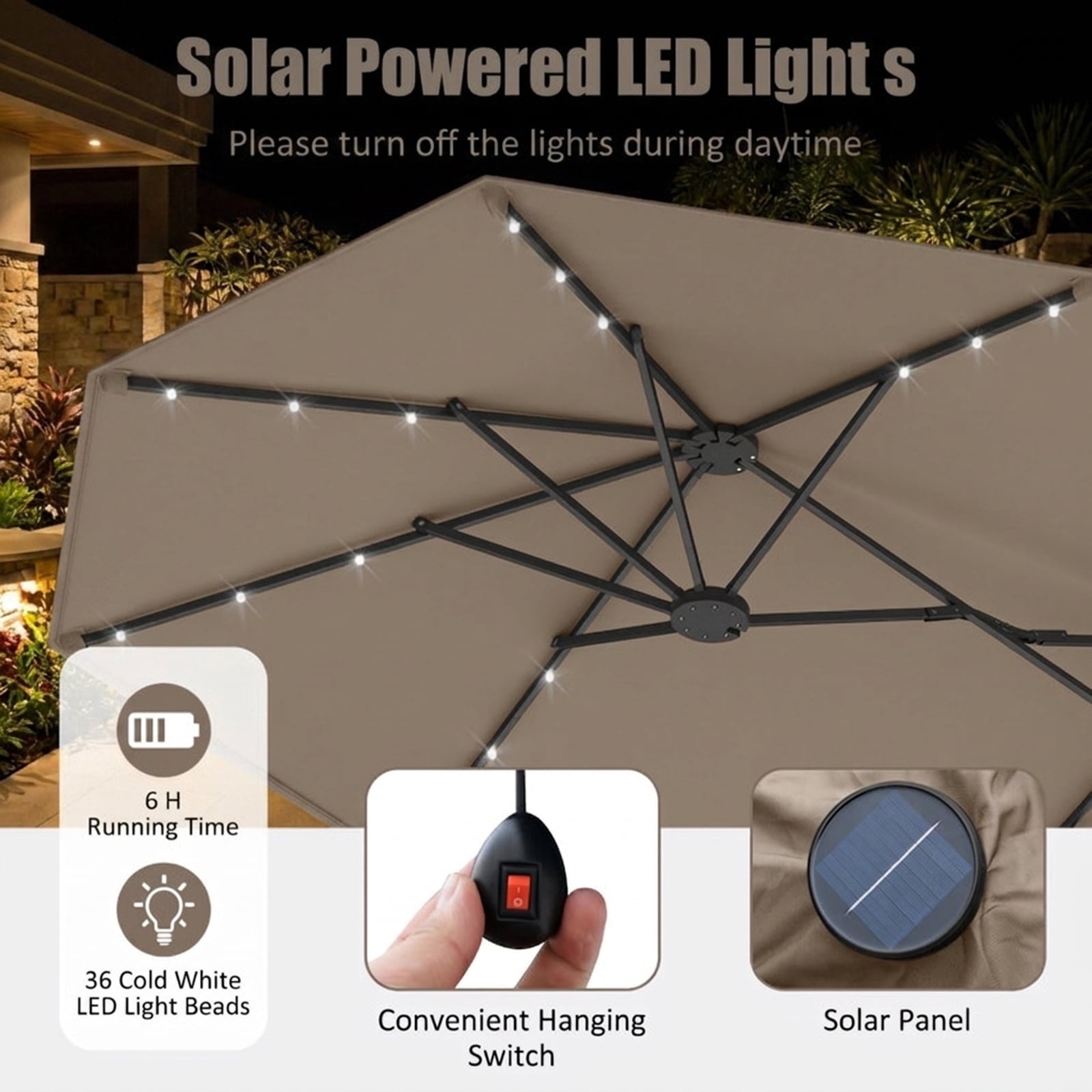 Biotree 13 ft Double-Sided Twin Patio Umbrella Solar Powered Outdoor Shade - Brown - UV Protection with Cross Base