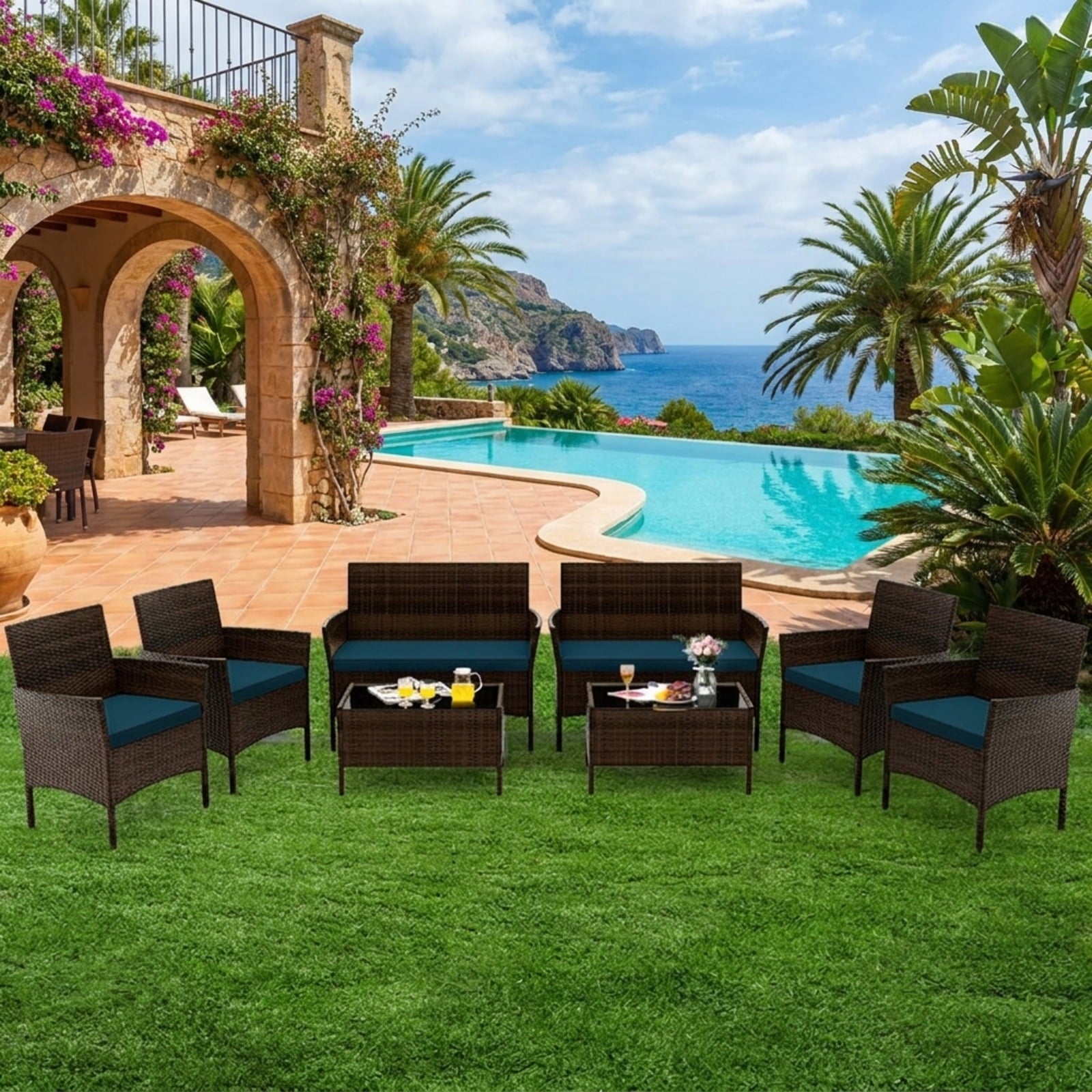 Biotree 4 Piece Patio Rattan Conversation Set with Cozy Seat Cushions Outdoor Conversation Set for Garden Backyard PorchPeacock Blue