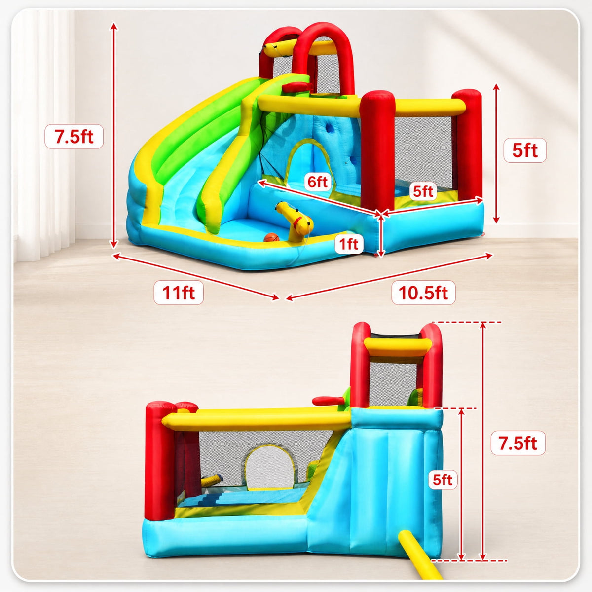 Biotree 6-in-1 Inflatable Bounce House with Water Slide, Climbing Wall, Splash Pool and Basketball Hoop for Backyard, Multicolor