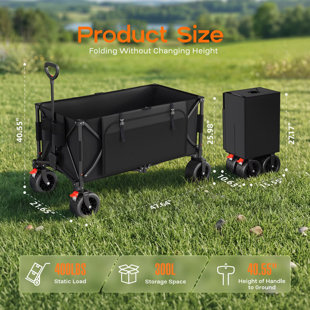 Biotree Collapsible Wagon Cart with Brakes, 300L 600Lbs Heavy Duty Folding Beach Wagon,All Terrain Utility Wagon for Camping Sports Garden Grocery, Black