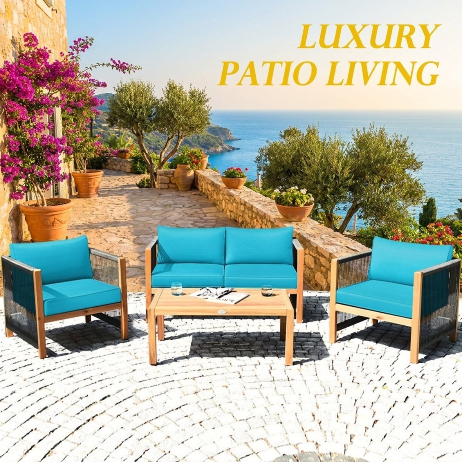 Biotree 4 Pieces Rattan Patio Furniture Set with Weather Resistant Cushions and Tempered Glass TabletopNavy