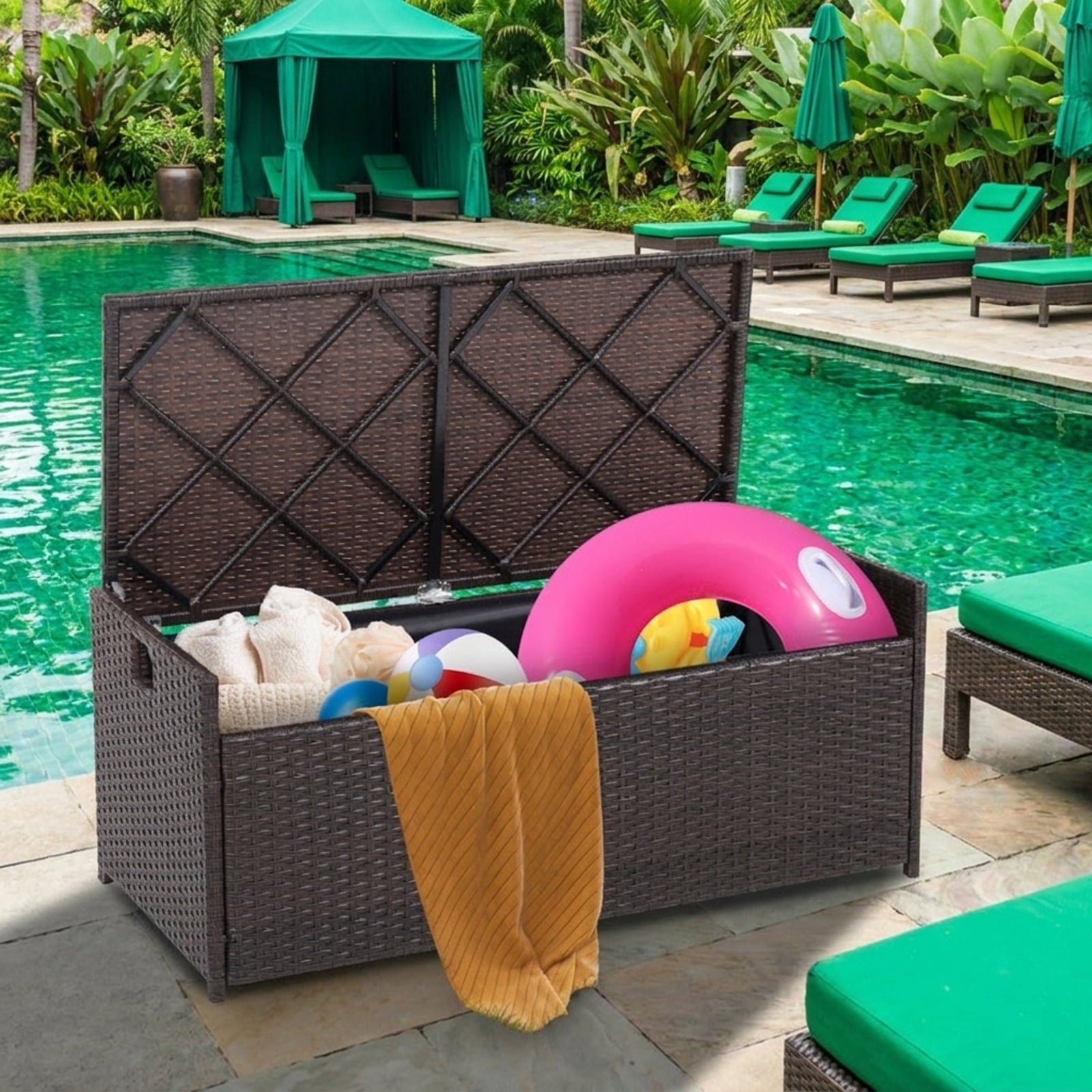 Biotree 34 Gallon Patio Storage Bench with Seat Cushion and Zippered Liner Outdoor Waterproof for Patio Deck Garden Cushions, Brown