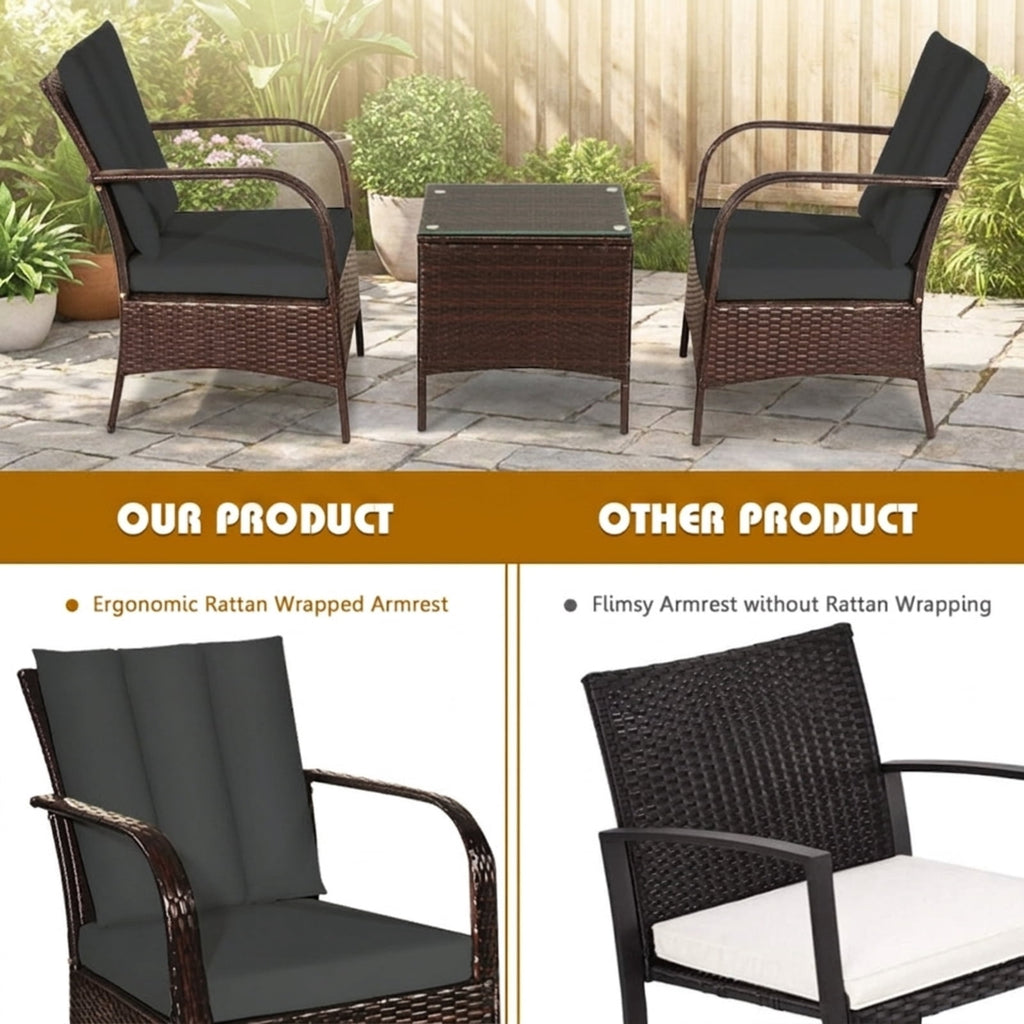 Biotree 3 Pcs Patio Conversation Rattan Furniture Set with Glass Top Coffee Table and CushionsGray