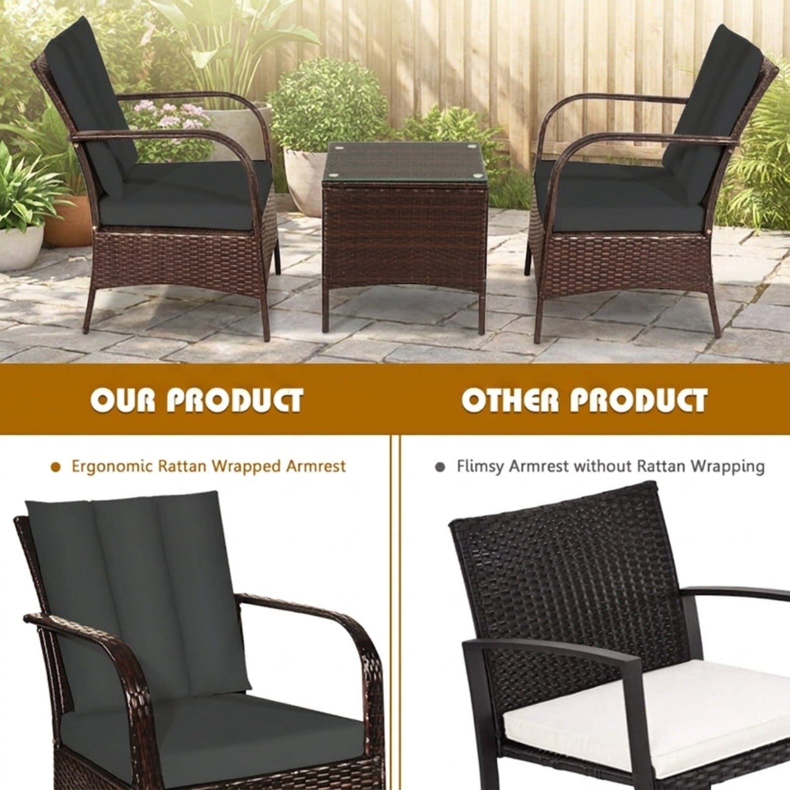 Biotree 3 Pcs Patio Conversation Rattan Furniture Set with Glass Top Coffee Table and CushionsGray