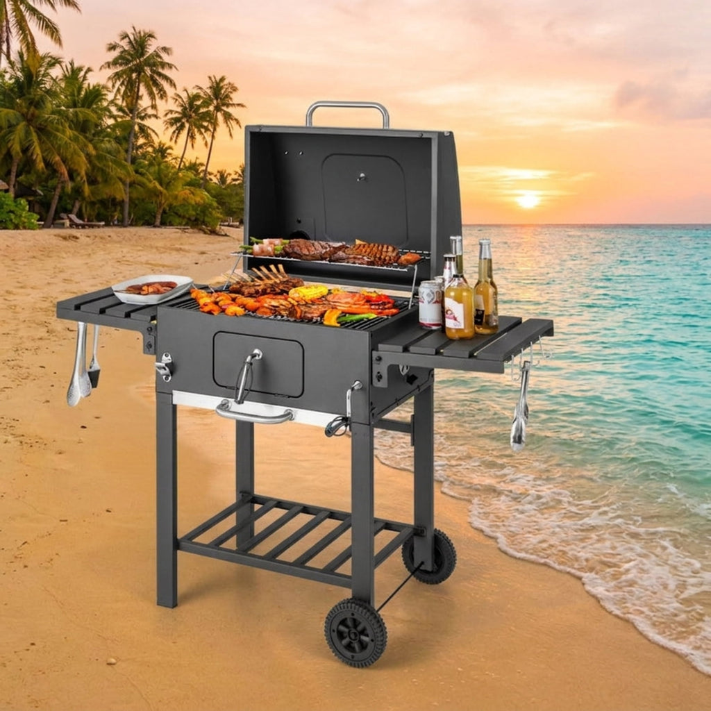 Biotree Outdoor BBQ Charcoal Grill with 2 Foldable Side Table and Wheels for Outdoor Backyard Camping Patio BBQ, Black