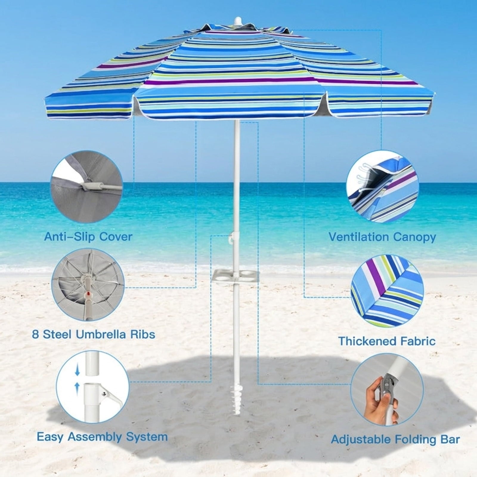 Biotree 7.2 ft Portable Beach Umbrella with Carrying Bag, 8 Ribs, Sand Tilt Mechanism - Blue for Backyard