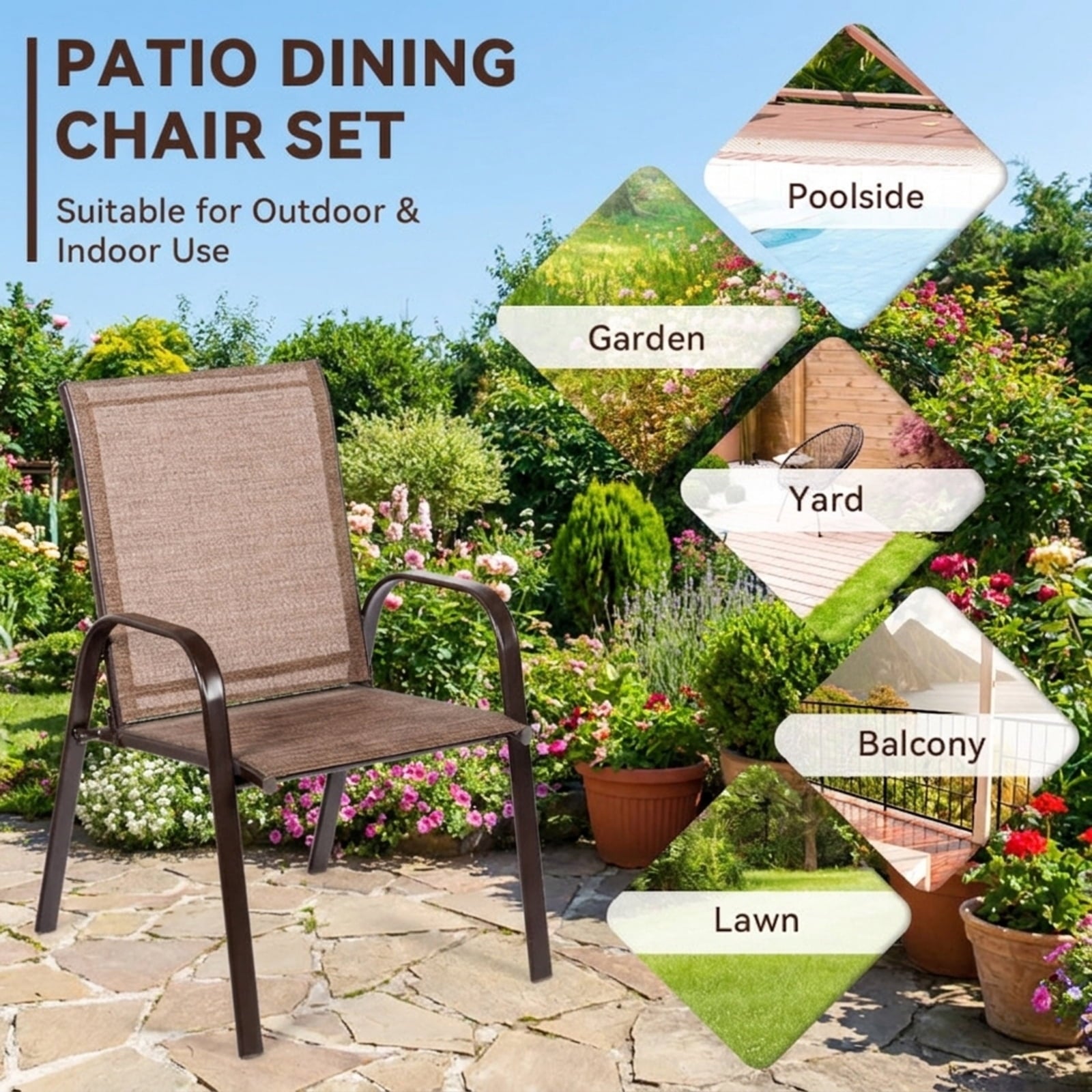Biotree 2 Pcs Patio Chairs Outdoor Dining Chair with Armrest Stackable Patio Chair for Garden BackyardBrown