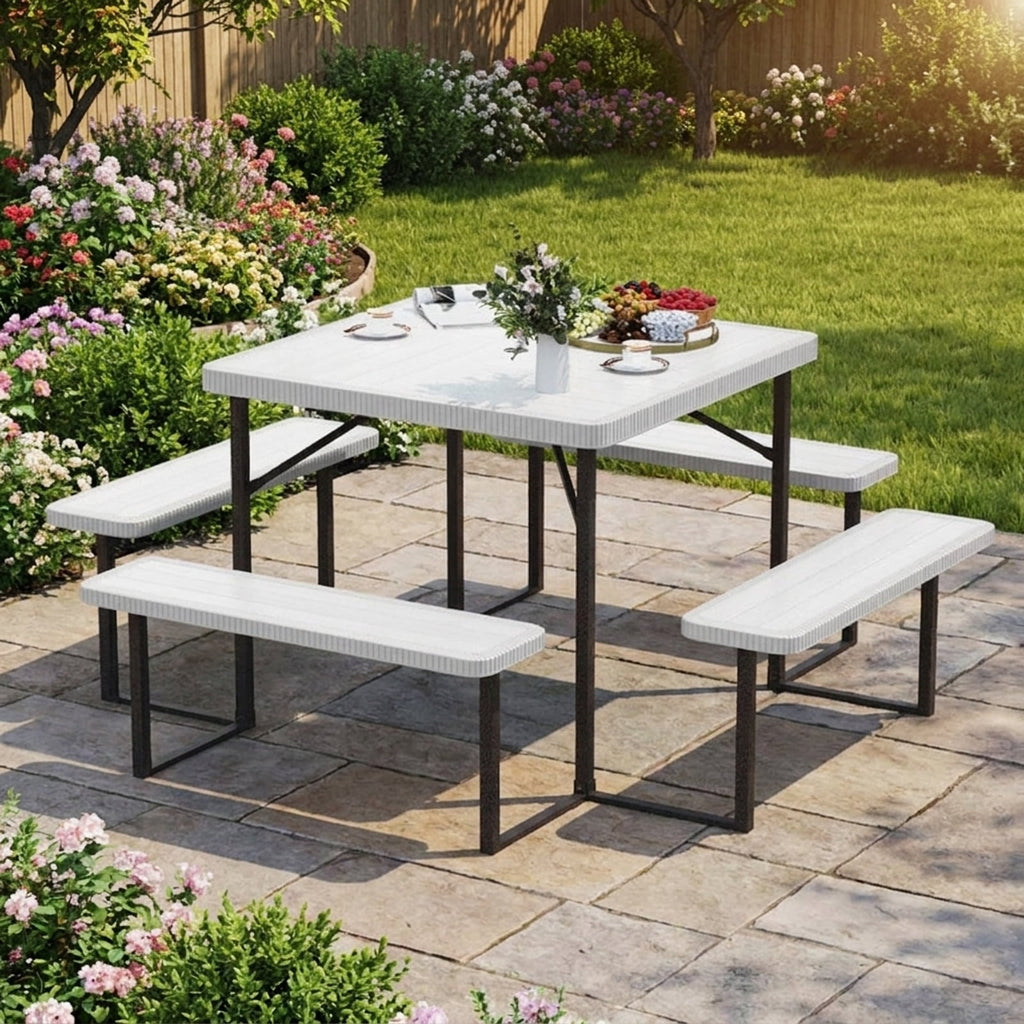 Biotree 63-Inch Outdoor Square Picnic Table Bench Set for 4-8 People with Umbrella Hole, White