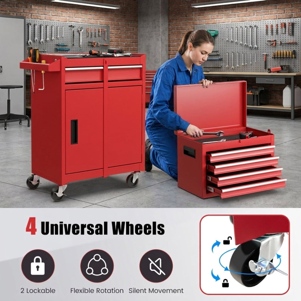 Biotree 2-in-1 Tool Chest and Cabinet with 5 Sliding Drawers Outdoor Waterproof for Patio Deck Garden Cushions, Red