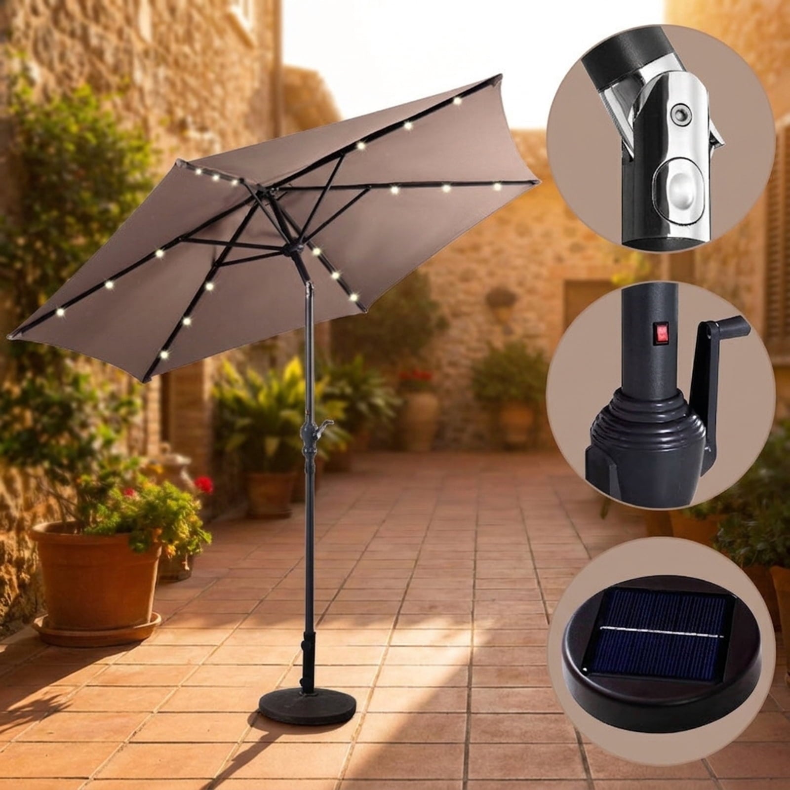 Biotree 9 ft Solar LED Market Patio Umbrella with Crank and Tilt, 6 Sturdy Ribs, Vented Canopy - Beige